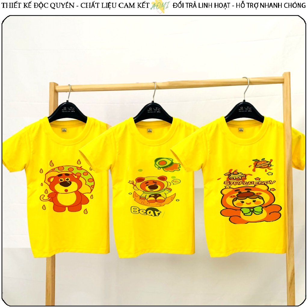 ÁO THUN UNISEX GẤU LOSTO DÂU STRAWBERRY PHÔNG VÀNG TAY NGẮN NAM NỮ GIA ĐÌNH CẶP ĐÔI SIZE TRẺ EM BÉ TRAI GÁI AOMIVN