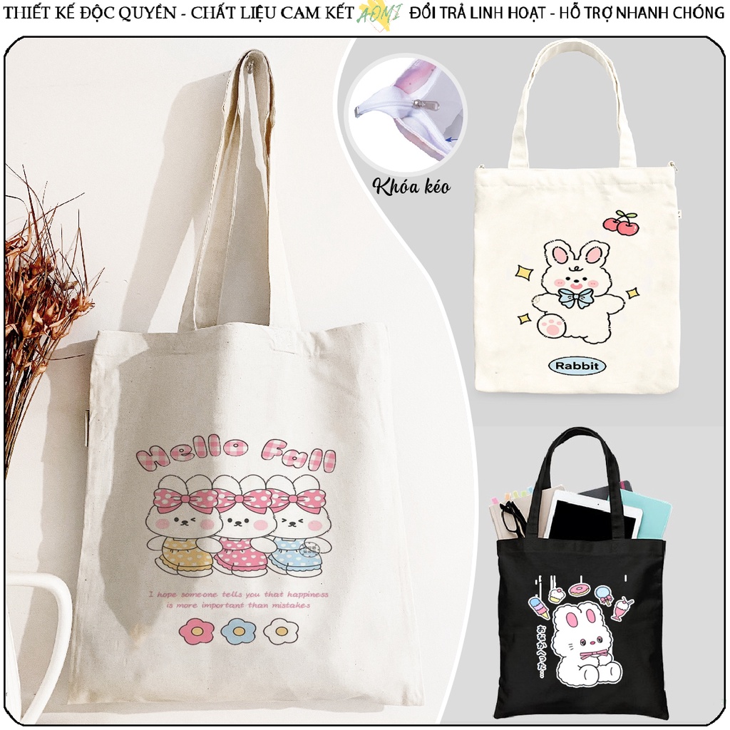 TOTE CANVAS THỎ DÂU RABBIT STRAWBERRY TÚI VẢI ĐEO VAI BAG CÓ KHÓA KÉO SIZE LỚN 33x38cm AOMIVN DU LỊCH DẠO PHỐ AOMI