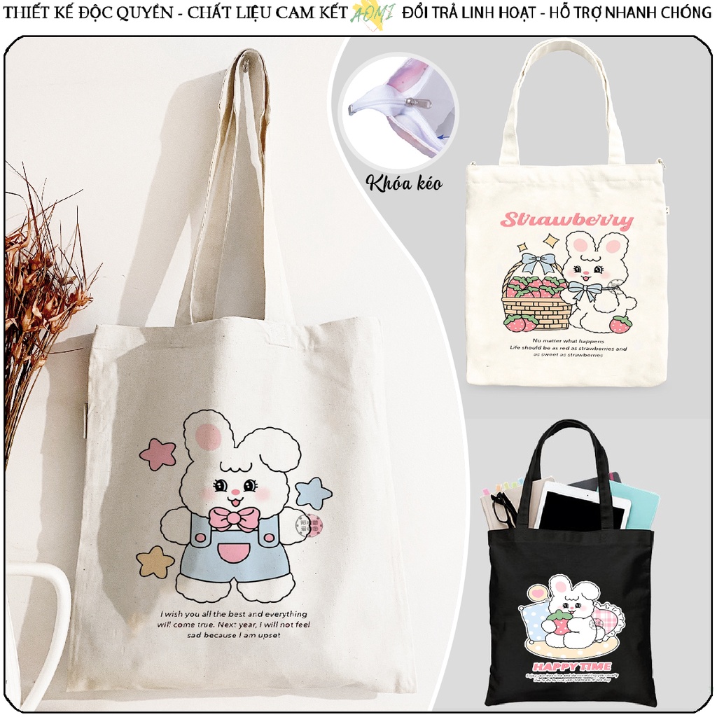 TOTE CANVAS THỎ DÂU RABBIT STRAWBERRY TÚI VẢI ĐEO VAI BAG CÓ KHÓA KÉO SIZE LỚN 33x38cm AOMIVN DU LỊCH DẠO PHỐ AOMI