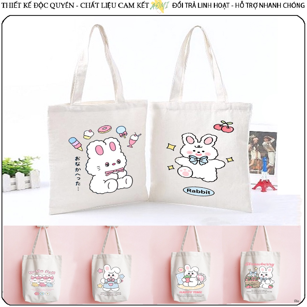 TOTE CANVAS THỎ DÂU RABBIT STRAWBERRY TÚI VẢI ĐEO VAI BAG CÓ KHÓA KÉO SIZE LỚN 33x38cm AOMIVN DU LỊCH DẠO PHỐ AOMI