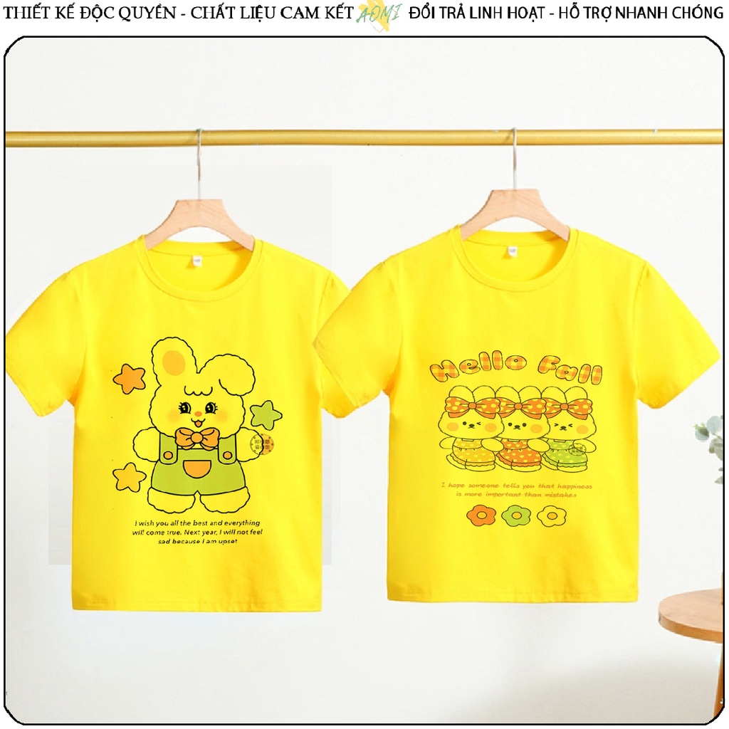 ÁO THUN UNISEX THỎ DÂU RABBIT STRAWBERRY PHÔNG VÀNG TAY NGẮN NAM NỮ GIA ĐÌNH CẶP ĐÔI SIZE TRẺ EM BÉ TRAI GÁI AOMIVN