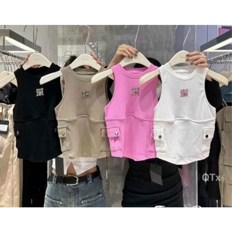 Áo ba lỗ nữ phối túi hộp 2 bên hottrend, thêu hình trước ngực .chất thun thái. X040798N.from 36-53 ký vừa