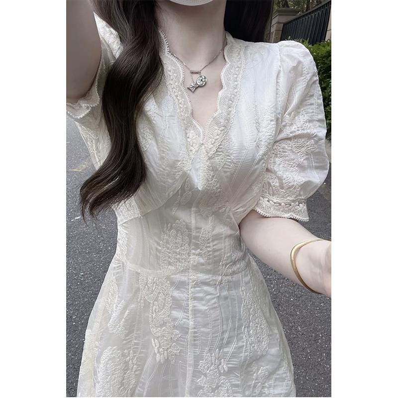 Đầm Voan Dáng Dài Tay Phồng Cổ Chữ V Thời Trang Mùa Hè Phong Cách Pháp Mới