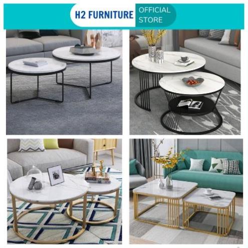 Bàn trà đôi sofa H2 Furniture mặt đá vân mây 3D khung kim loại sơn tĩnh điện bền đẹp cho phòng khách, ban công .