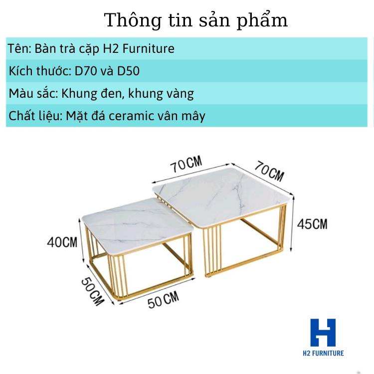 Bàn trà đôi sofa H2 Furniture mặt đá vân mây 3D khung kim loại sơn tĩnh điện bền đẹp cho phòng khách, ban công .