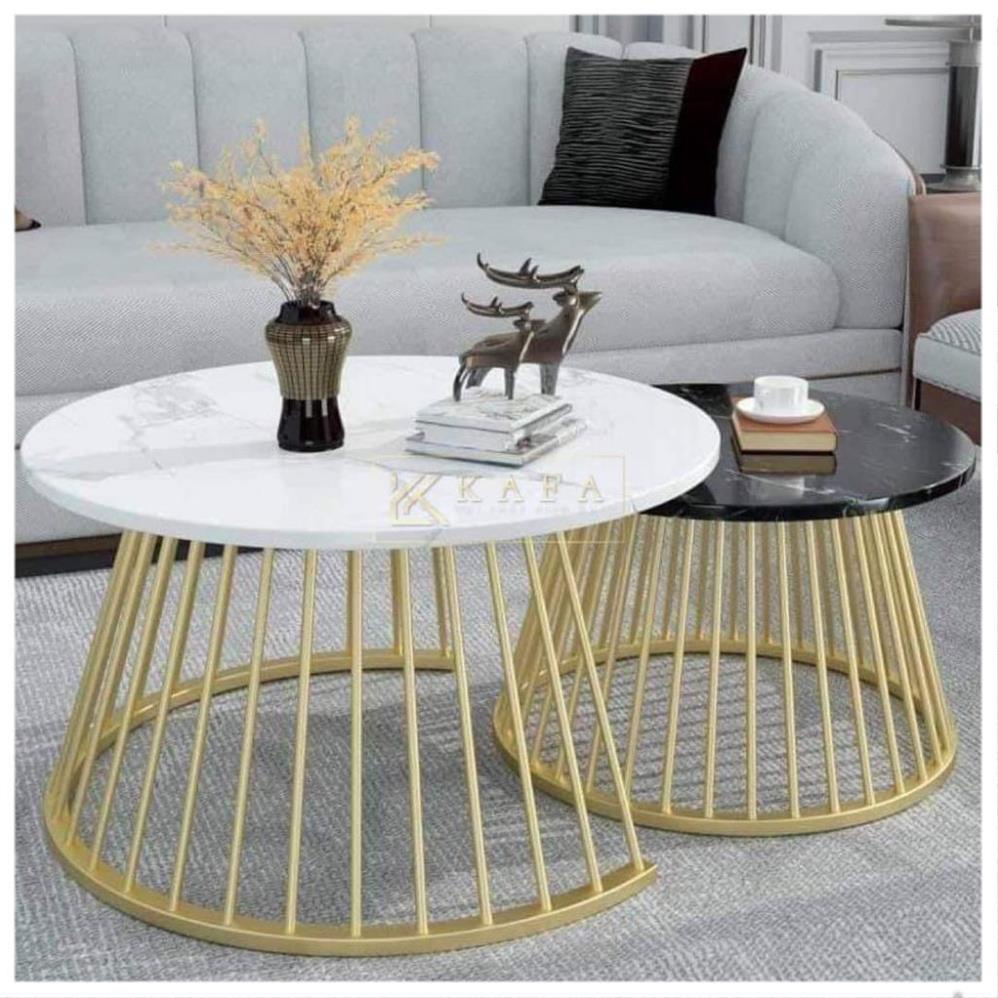 Bàn trà đôi sofa H2 Furniture mặt đá vân mây 3D khung kim loại sơn tĩnh điện bền đẹp cho phòng khách, ban công .