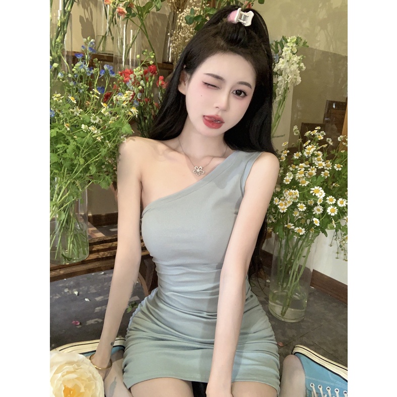 Jiashucheng Đầm Ngắn Ôm Dáng Hở Vai Có Túi Nhỏ