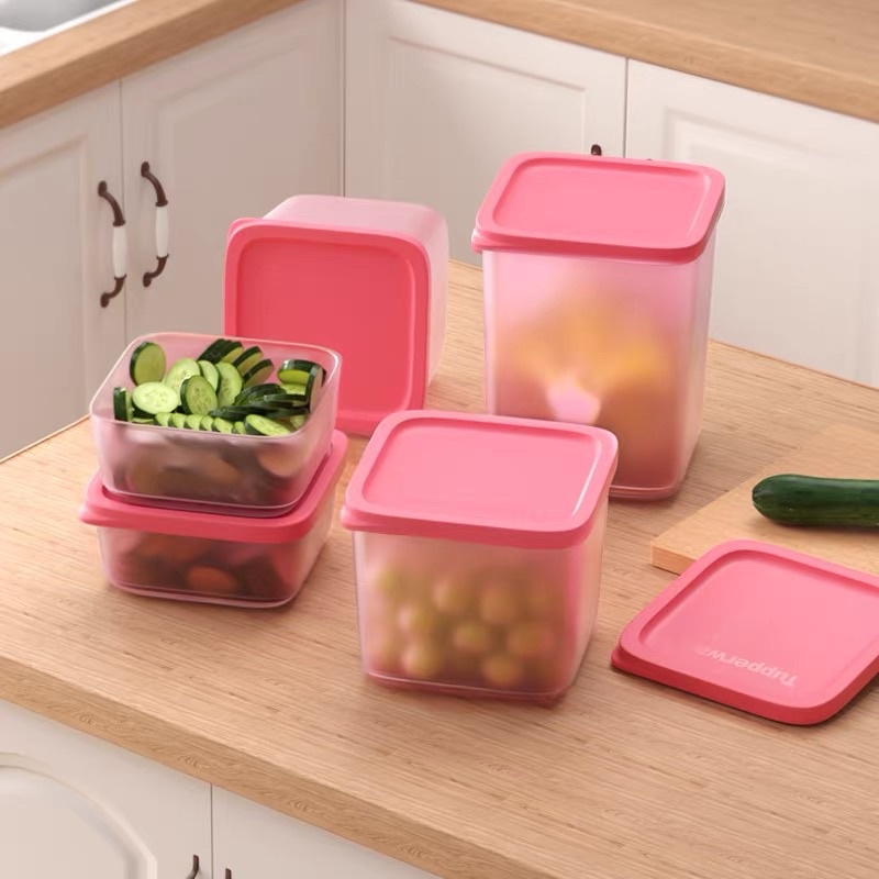 Bộ 5 Hộp Nhựa Tupperware Đựng Thực Phẩm Ngăn Mát Màu Hồng - Trữ Mát Rau Củ Quả, Thức Ăn, Tỏi Ớt - Đẹp An Toàn Tiện Lợi