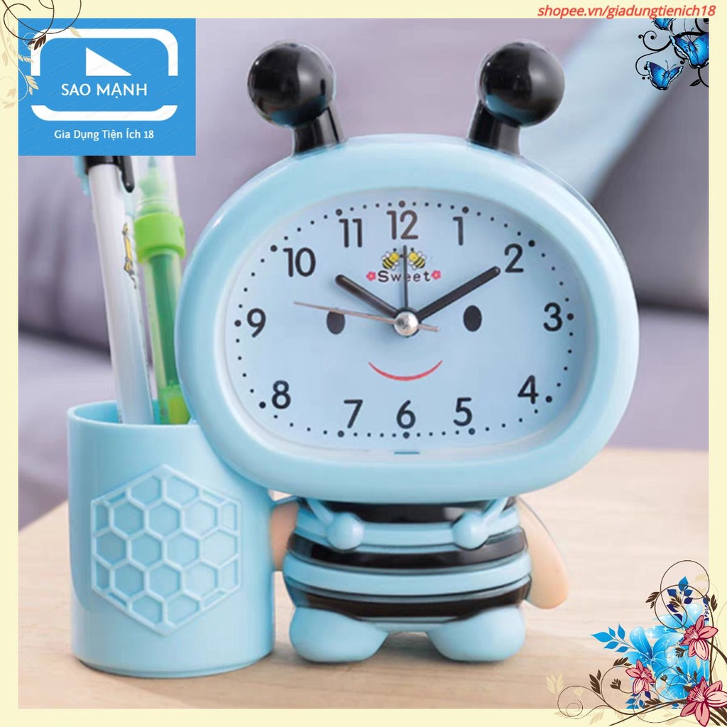 Đồng Hồ Báo Thức Để Bàn Hình Chú Ong, Mèo Hello Kitty Dễ Thương Kèm Ống Đựng Bút Cho Bé