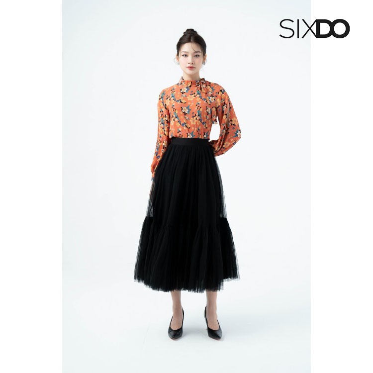 Áo sơ mi cổ nơ tay bồng họa tiết hoa thời trang SIXDO (Red Orange Floral Chiffon Top)