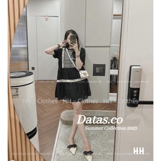 Đầm Dáng Suông Phối Kẻ Chân Xếp Ly Datasco