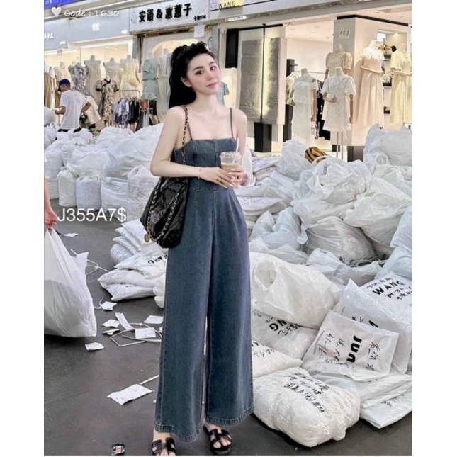 Set Jum Bò 2 Dây Quần Ống Rộng BEBEDOLL ,Bộ Jumpsuit Jeans 2S Chun Lưng Phối Ống Suông Sanh Chảnh