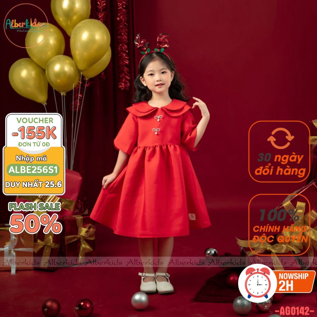 Váy bé gái ALBERKIDS cổ cánh sen đính nơ ngọc công chúa đỏ xinh đẹp cho trẻ em 2,3,4,5,6,7,8,9,10,11,12 tuổi [AG0142]