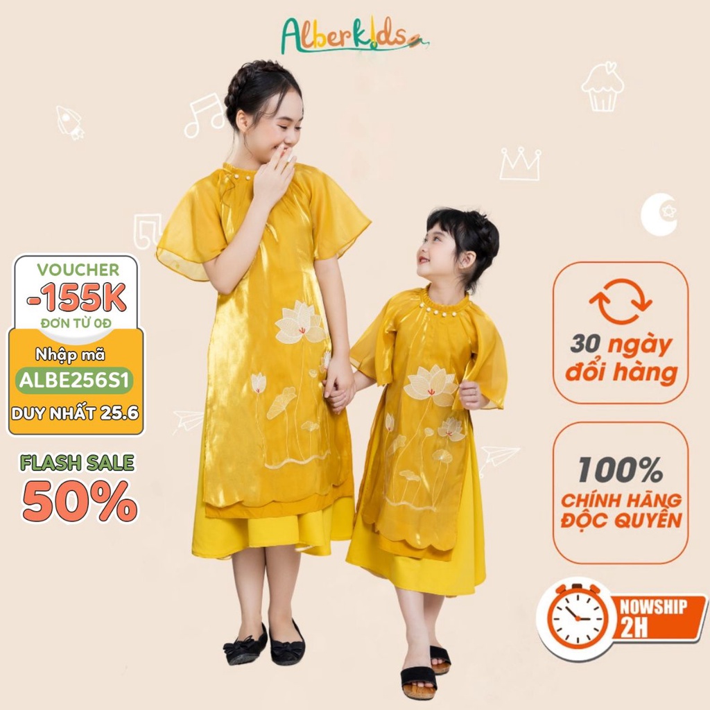 Áo dài tết cách tân vàng thêu hoa sen phối chân váy ALBERKIDS cho mẹ và bé gái cho trẻ em 4,5,6,7,8,9,10,11,12,13,14