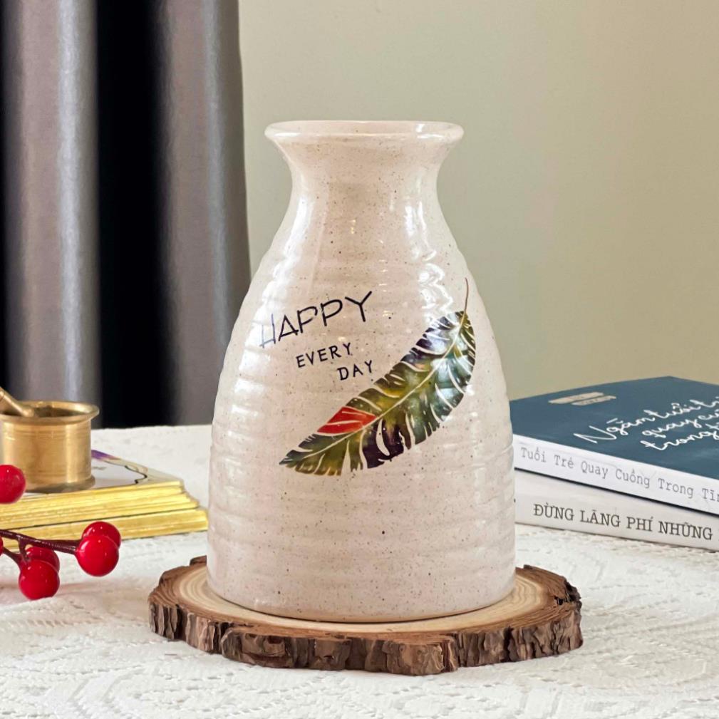Lọ hoa gốm mini để bàn nhỏ xinh cao 15 cm, bình trang trí men cát có họa tiết dán decal ngẫu nhiên