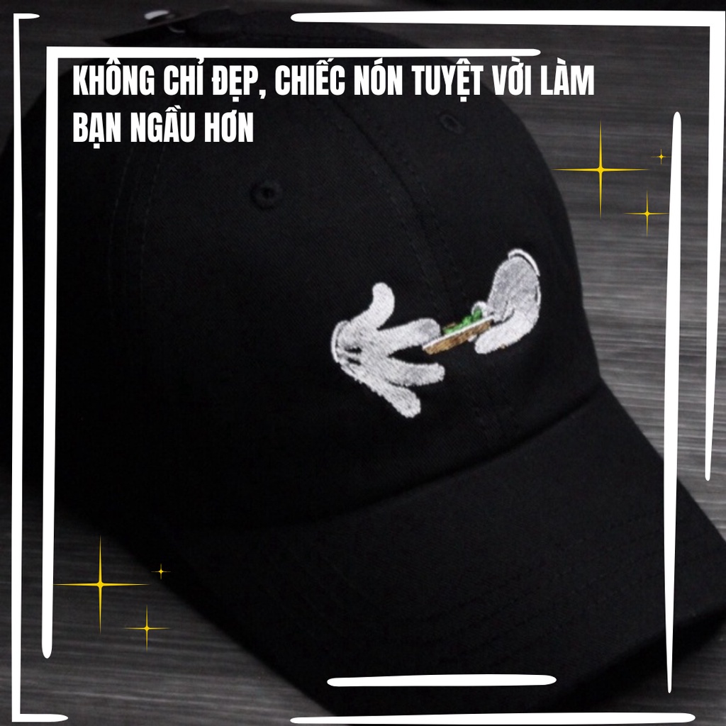 Mũ lưỡi trai thời trang Unisex cho nam nữ màu đen thêu weed mickey hand chất lượng cao