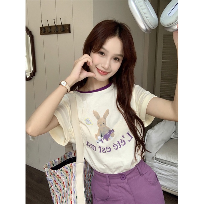 COMBO ÁO THUN IN THỎ VIỀN MÀU + CHÂN VÁY MIDI TÍM