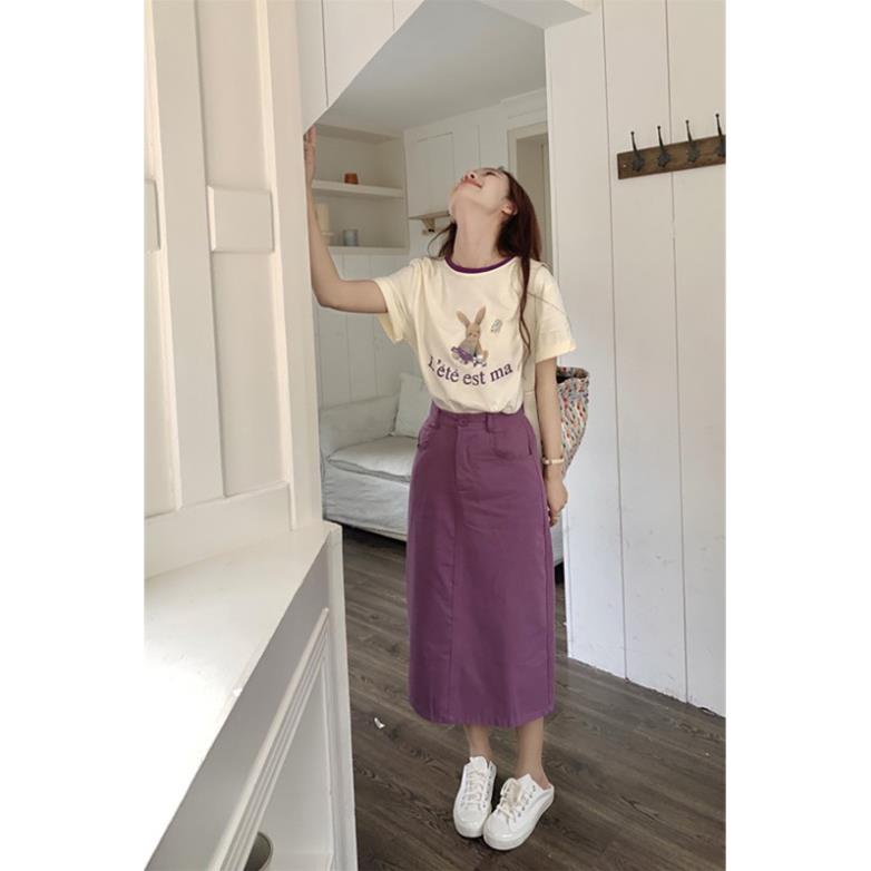 COMBO ÁO THUN IN THỎ VIỀN MÀU + CHÂN VÁY MIDI TÍM