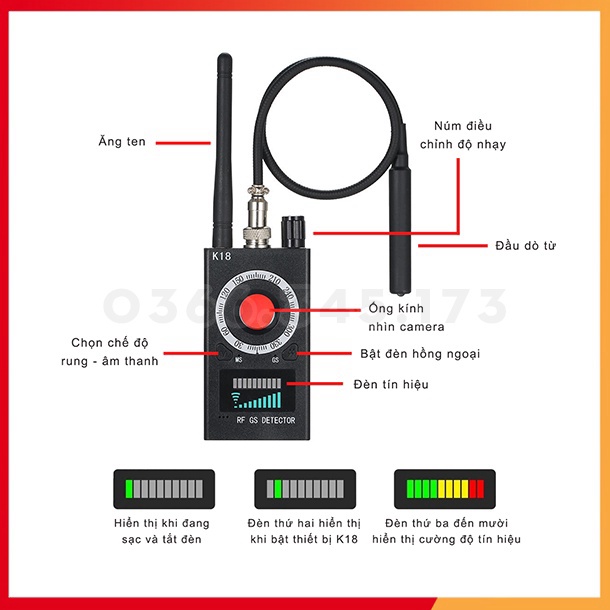 GIÁ TỐT NHẤT Máy Dò Tìm Thiết Bị Định Vị GPS | Camera | Ghi Âm Trộm K18 RF Detector - Bảo Vệ Sự Riêng Tư Của Bạn Ở Bất C