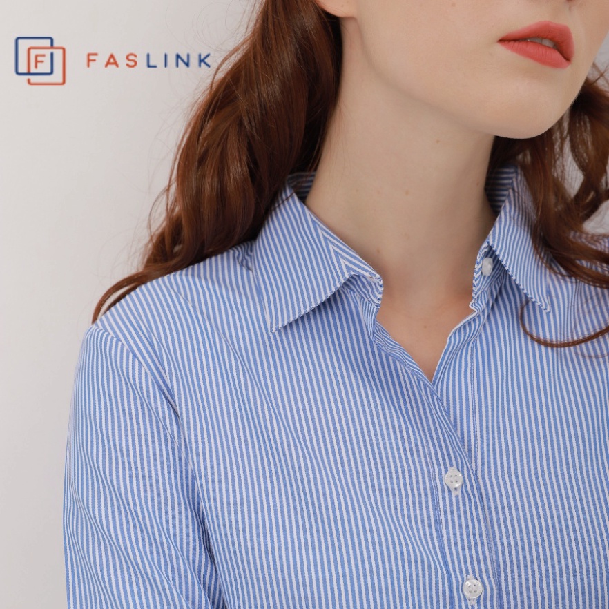 Áo sơ mi Nữ tay dài công sở Faslink - sọc xanh có cổ basic Vải Sồi - Hàng mới về
