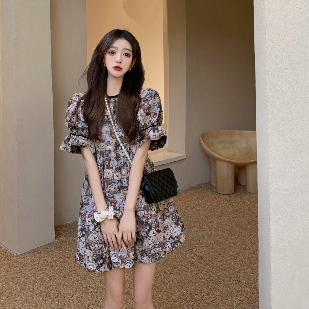 Đầm Tay Phồng Size Lớn In Họa Tiết Gấu Phong Cách Retro Pháp