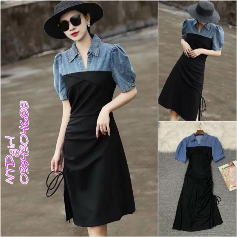 Hàng nhập - Đầm dáng ôm jean phối thun rút dây 1 bên, váy bò cổ sơ mi tay ngắn xẻ tà