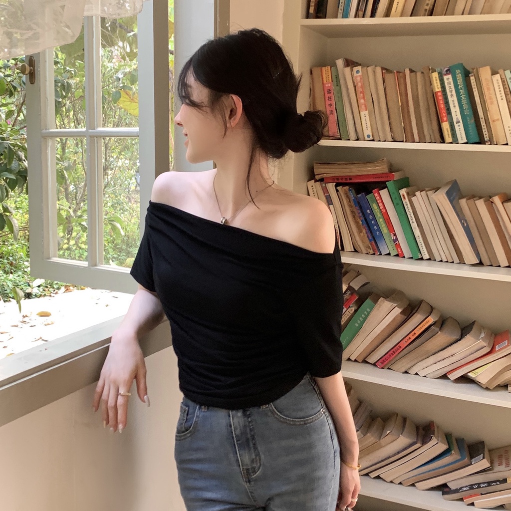 Jiashucheng Áo Thun Ngắn Tay Trễ Vai Ôm Dáng Phong Cách Phương Tây Gợi Cảm Mùa Hè Cho Nữ
