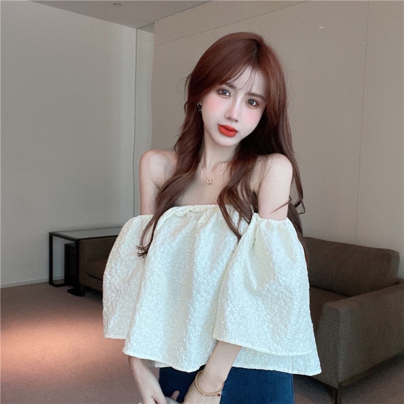 Jiashucheng Áo Kiểu Tay Phồng Trễ Vai Màu Trơn Phong Cách Quyến Rũ Cho Nữ