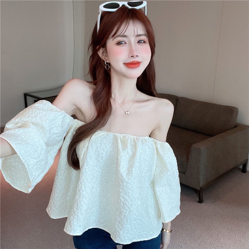 Jiashucheng Áo Kiểu Tay Phồng Trễ Vai Màu Trơn Phong Cách Quyến Rũ Cho Nữ