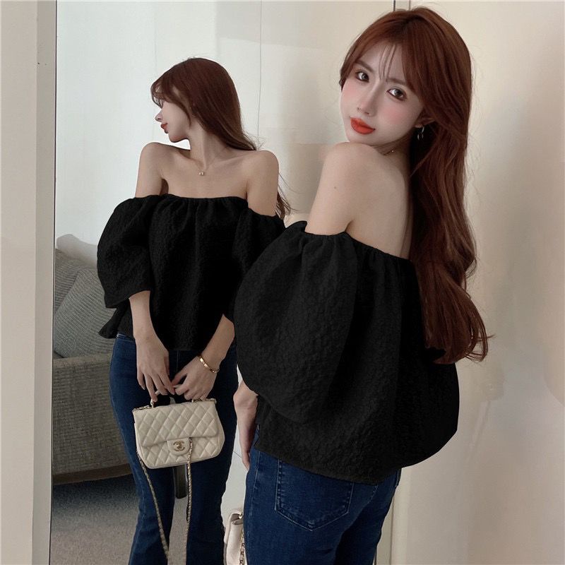 Jiashucheng Áo Kiểu Tay Phồng Trễ Vai Màu Trơn Phong Cách Quyến Rũ Cho Nữ