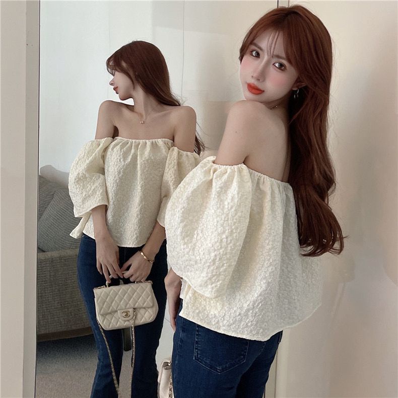 Jiashucheng Áo Kiểu Tay Phồng Trễ Vai Màu Trơn Phong Cách Quyến Rũ Cho Nữ