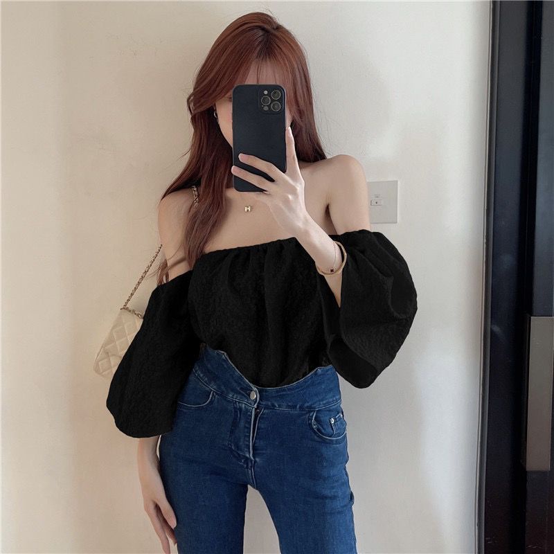 Jiashucheng Áo Kiểu Tay Phồng Trễ Vai Màu Trơn Phong Cách Quyến Rũ Cho Nữ