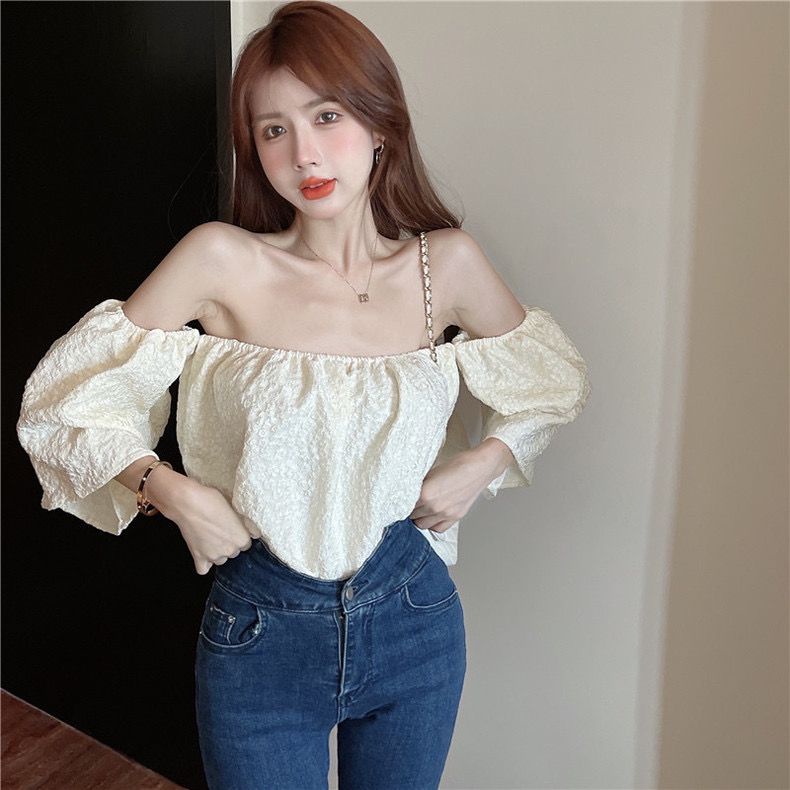 Jiashucheng Áo Kiểu Tay Phồng Trễ Vai Màu Trơn Phong Cách Quyến Rũ Cho Nữ