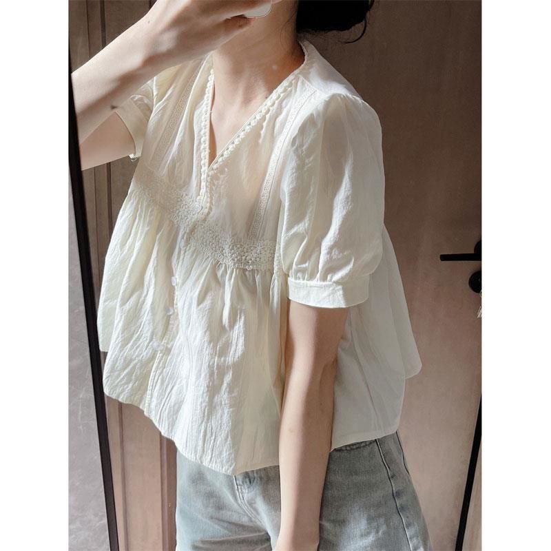 Áo Sơ Mi Tay Phồng Ngắn Cổ Chữ v Thời Trang Mùa Hè Cho Nữ