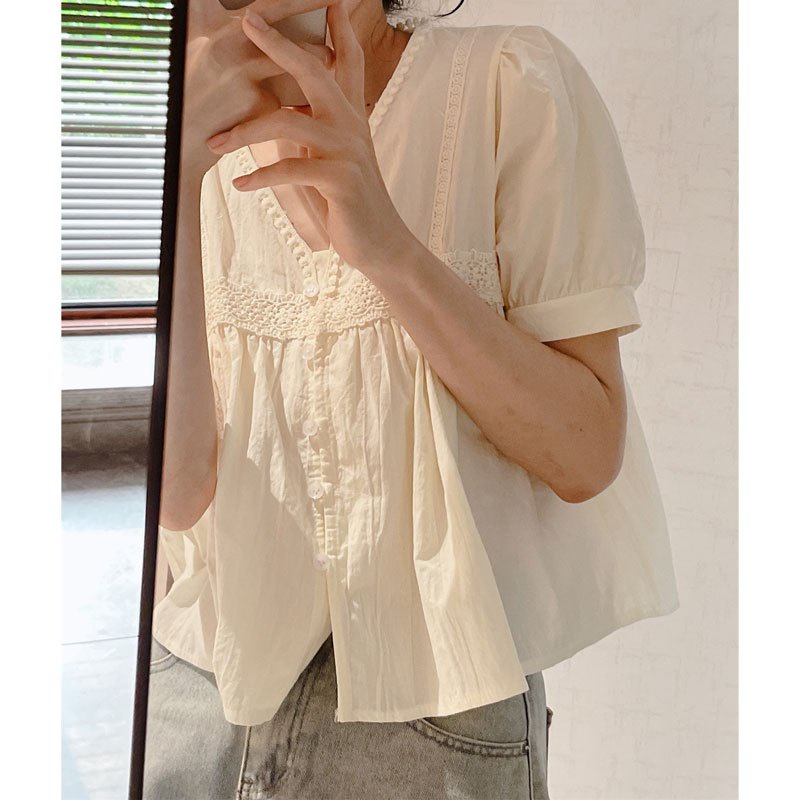 Áo Sơ Mi Tay Phồng Ngắn Cổ Chữ v Thời Trang Mùa Hè Cho Nữ