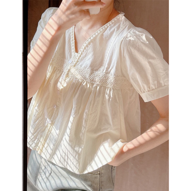 Áo Sơ Mi Tay Phồng Ngắn Cổ Chữ v Thời Trang Mùa Hè Cho Nữ