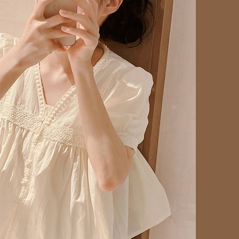 Áo Sơ Mi Tay Phồng Ngắn Cổ Chữ v Thời Trang Mùa Hè Cho Nữ