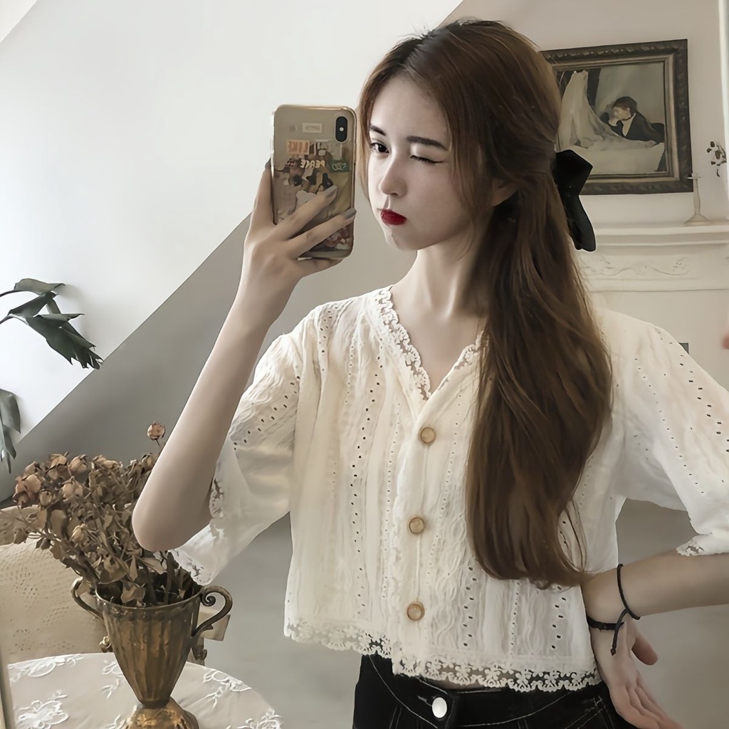 Jiashucheng Áo Cardigan Ngắn Tay Phối Ren Rỗng 2 Kiểu Mỏng Phong Cách Phương Tây Thời Trang Mùa Hè Cho Nữ