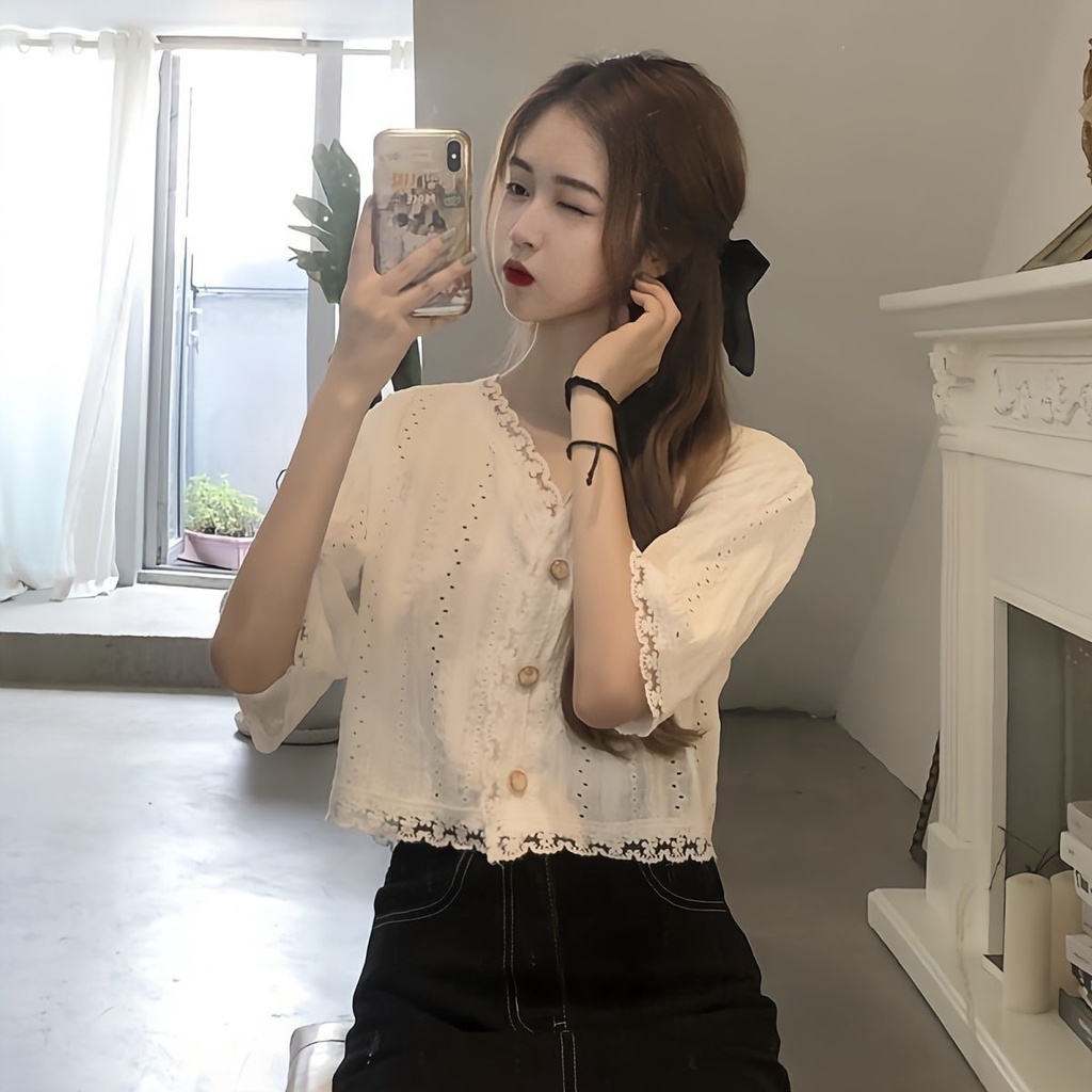 Jiashucheng Áo Cardigan Ngắn Tay Phối Ren Rỗng 2 Kiểu Mỏng Phong Cách Phương Tây Thời Trang Mùa Hè Cho Nữ