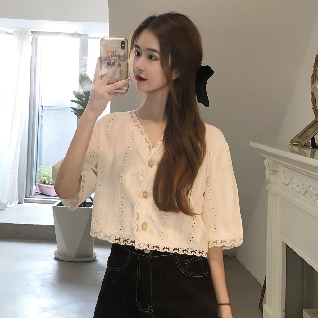 Jiashucheng Áo Cardigan Ngắn Tay Phối Ren Rỗng 2 Kiểu Mỏng Phong Cách Phương Tây Thời Trang Mùa Hè Cho Nữ