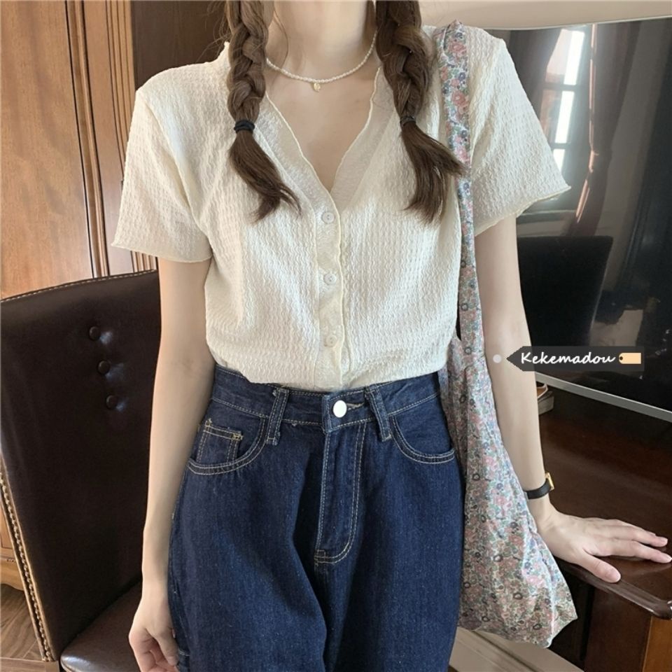 Jiashucheng Áo Sơ Mi Ngắn Tay Cổ Chữ V Xếp Ly Nhẹ Nhàng Phong Cách Hàn Quốc Cho Nữ