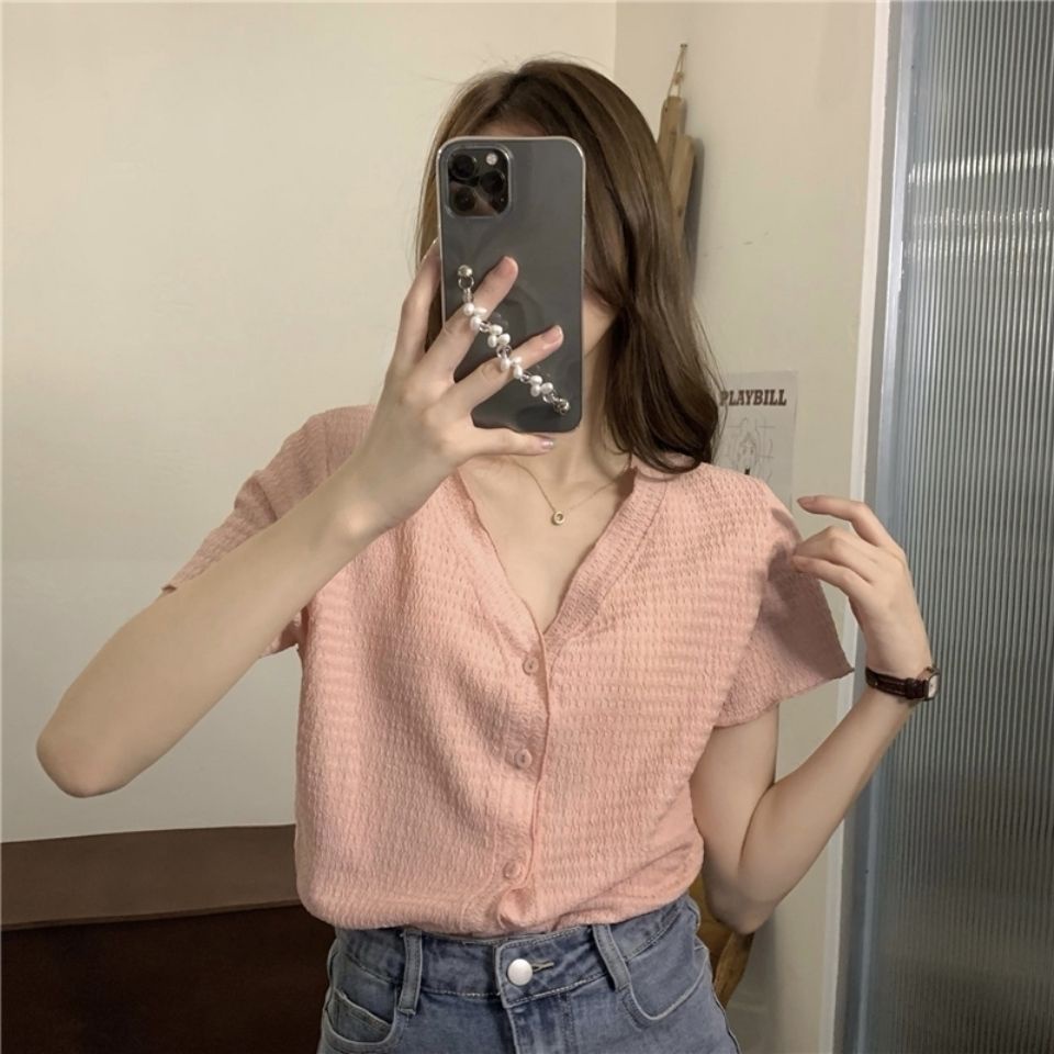 Jiashucheng Áo Sơ Mi Ngắn Tay Cổ Chữ V Xếp Ly Nhẹ Nhàng Phong Cách Hàn Quốc Cho Nữ