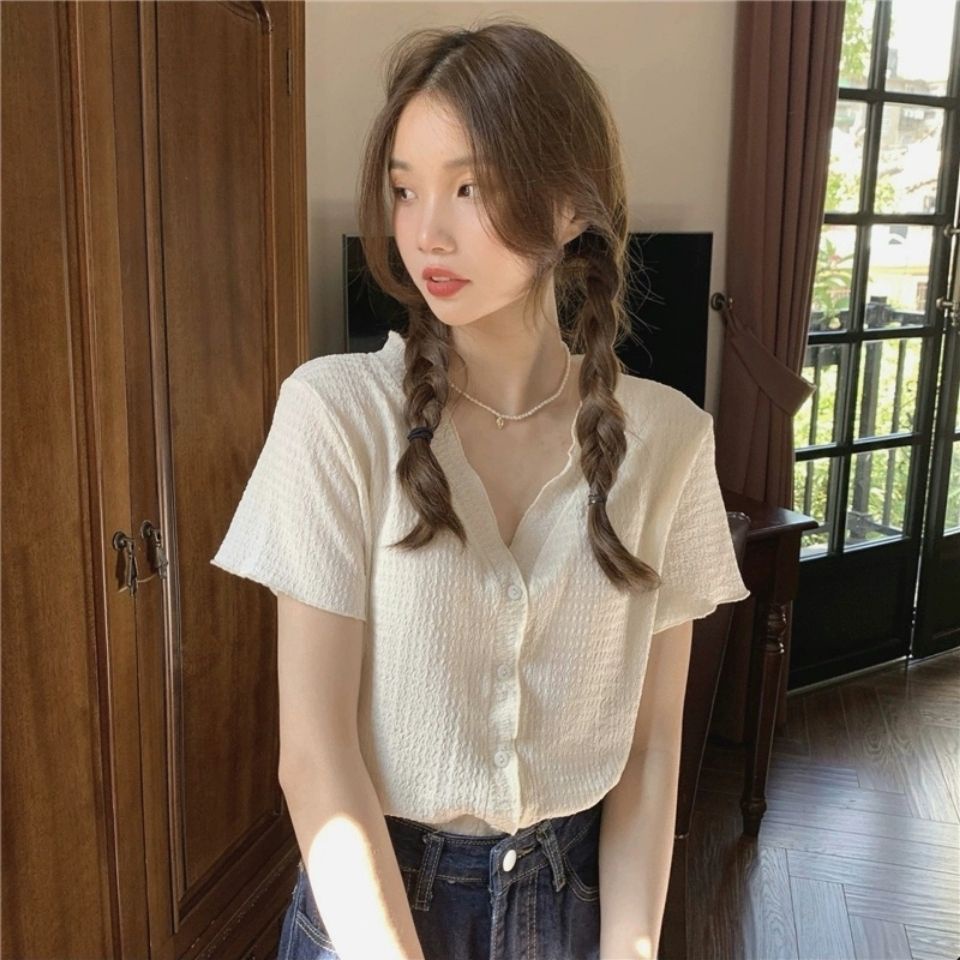 Jiashucheng Áo Sơ Mi Ngắn Tay Cổ Chữ V Xếp Ly Nhẹ Nhàng Phong Cách Hàn Quốc Cho Nữ