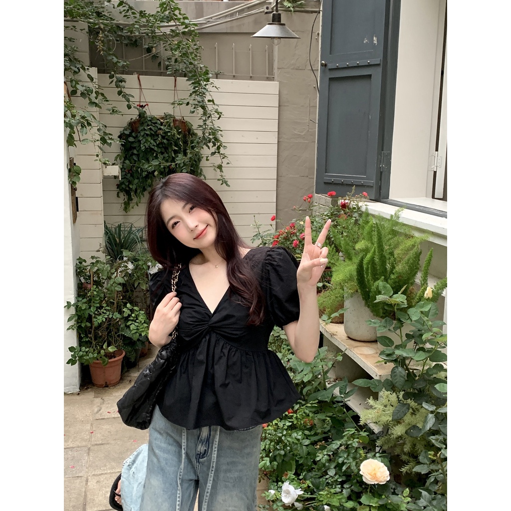 Áo Kiểu Tay Phồng Cổ Chữ V Xoắn Cao Cấp Thời Trang Mùa Hè Phong Cách Hàn Quốc Mới Cho Nữ