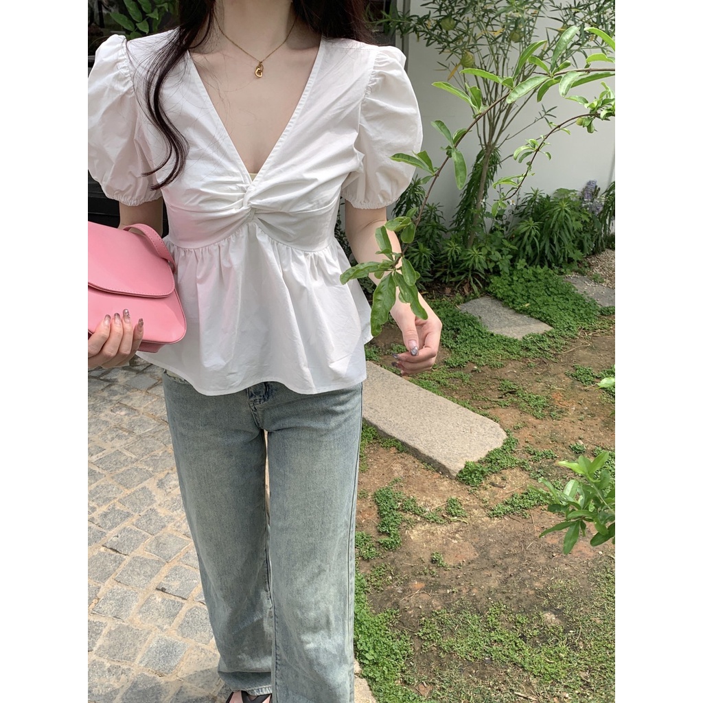 Áo Kiểu Tay Phồng Cổ Chữ V Xoắn Cao Cấp Thời Trang Mùa Hè Phong Cách Hàn Quốc Mới Cho Nữ