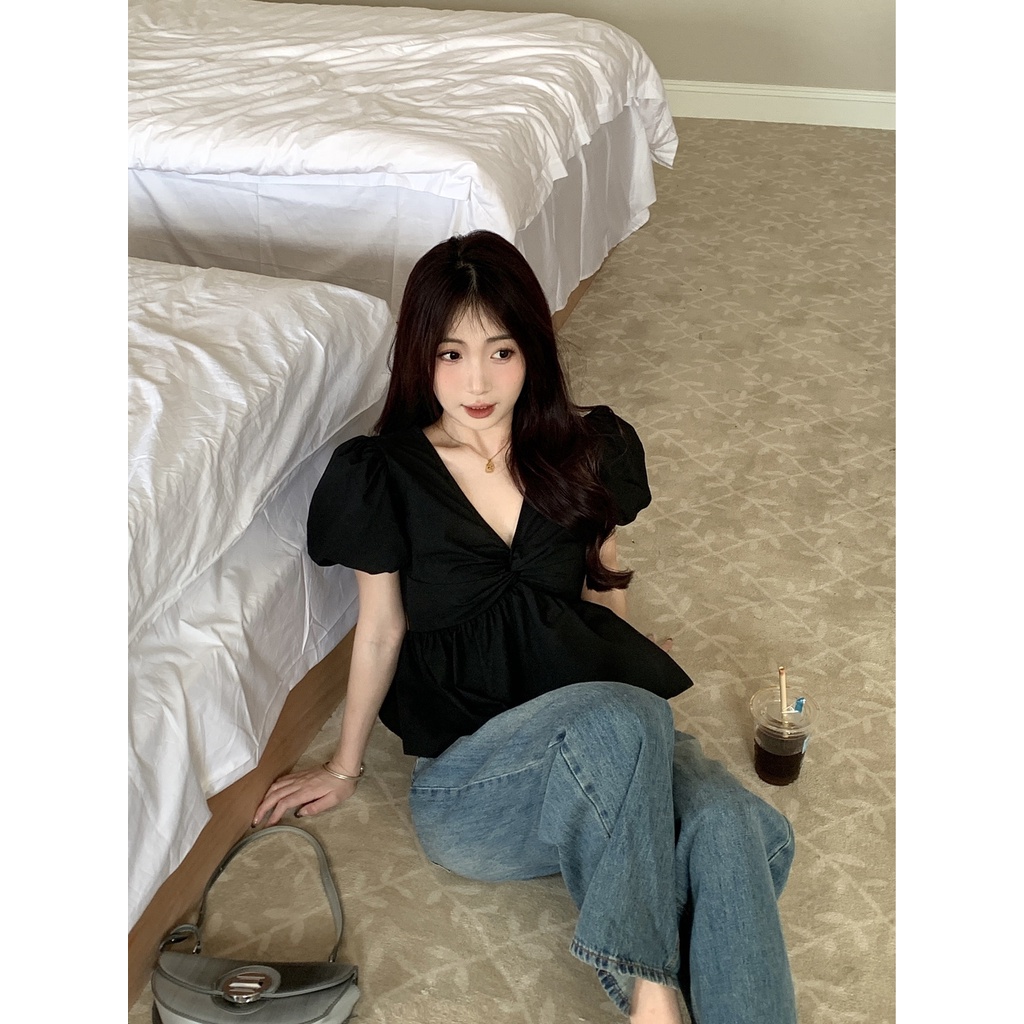 Áo Kiểu Tay Phồng Cổ Chữ V Xoắn Cao Cấp Thời Trang Mùa Hè Phong Cách Hàn Quốc Mới Cho Nữ