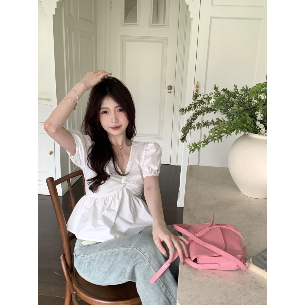 Áo Kiểu Tay Phồng Cổ Chữ V Xoắn Cao Cấp Thời Trang Mùa Hè Phong Cách Hàn Quốc Mới Cho Nữ