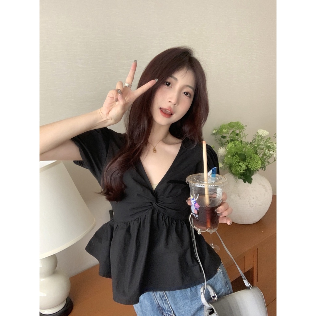 Áo Kiểu Tay Phồng Cổ Chữ V Xoắn Cao Cấp Thời Trang Mùa Hè Phong Cách Hàn Quốc Mới Cho Nữ