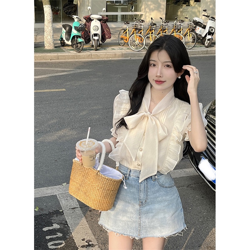 Jiashucheng Áo Sơ Mi Tay Phồng Cổ Chữ V Dáng Rộng Cao Cấp Phối Bèo Và Dây Cột Phong Cách Pháp Thời Trang Mùa Hè Hàng