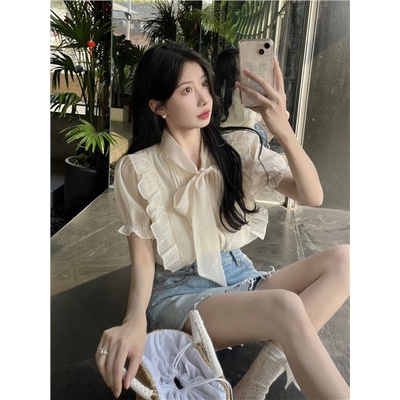 Jiashucheng Áo Sơ Mi Tay Phồng Cổ Chữ V Dáng Rộng Cao Cấp Phối Bèo Và Dây Cột Phong Cách Pháp Thời Trang Mùa Hè Hàng